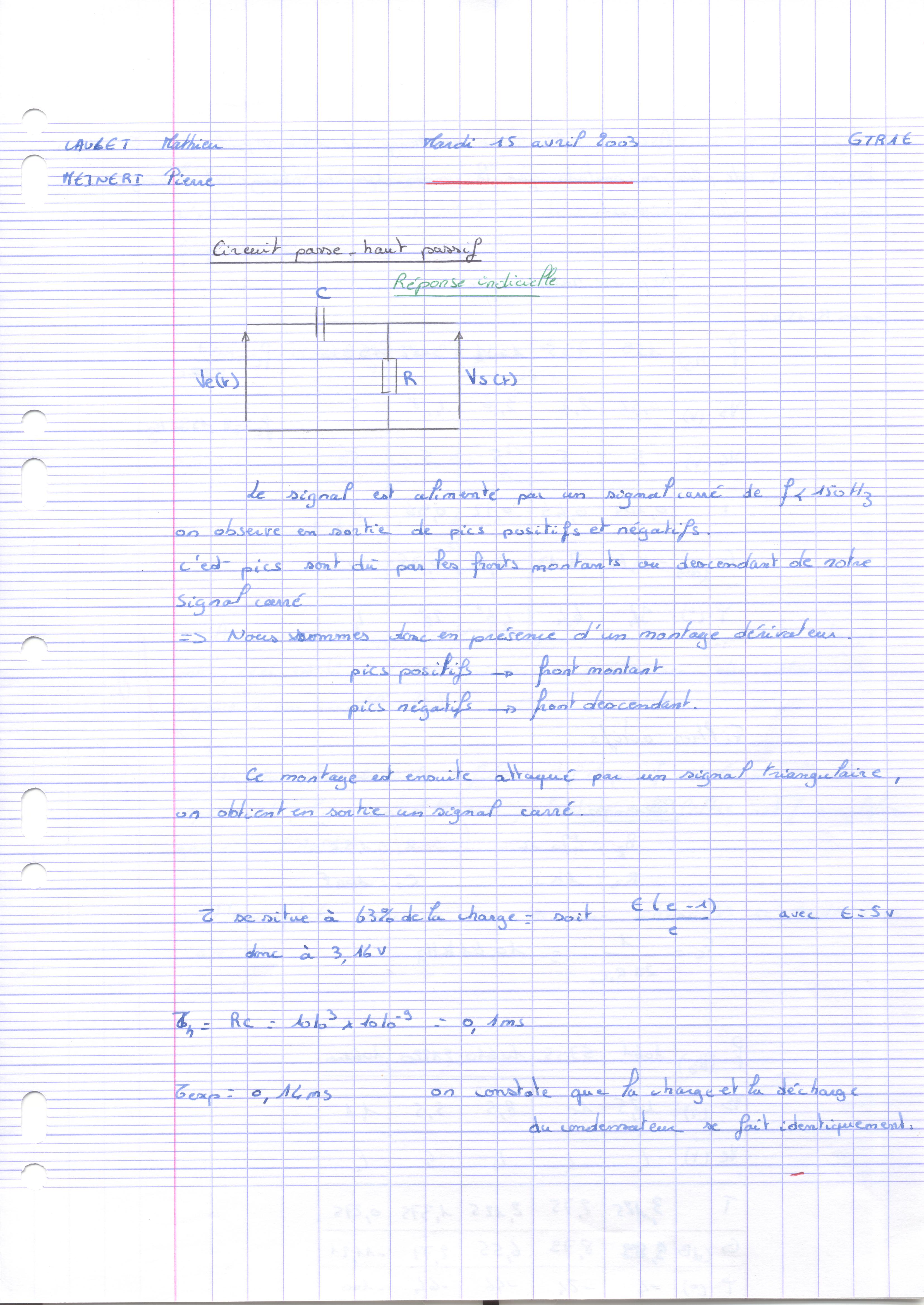 Tps Tp Traitement Du Signal Tp Syst Me Du Er Ordre Exp Rimentation